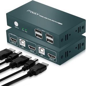 KVM Switch HDMI 2 Port, 4 USB 2.0 Hub, UHD 4K@30Hz, Support Wireless Keyboard and Mouse, No Power Require, with HDMI and USB Cables