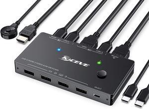 USB Type-C HDMI KVM Switch 4K@60Hz,USB C +HDMI Switch for 2 Computers Share 1 Monitor and 4 USB Devices,Compatible with Thunderbolt 3,with 100 W Power Delivery,Wired Remote and 3 Cables Included