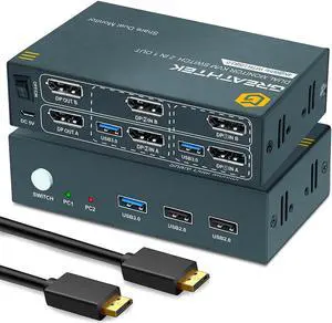 USB 3.0 KVM Switch Dual Monitor DisplayPort 4K@60Hz, 2 Port DP KVM Switch 2 Monitors 2 Computers with USB 3.0 Port, Support Button Switch 2 PCs Share USB Devices, with 4 DP Cables and 2 USB3.0 Cables