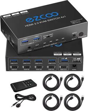 USB 3.0 KVM Switch HDMI 4 Computer 1 Monitor 4K 60Hz SPDIF L/R Hotkey - Share one Set of Keyboard Mouse Printer,1080p 120Hz 144Hz HDCP Bypass,4X USB3.0 Cable,IR Remote Ext. Windows Mac 41KVMP