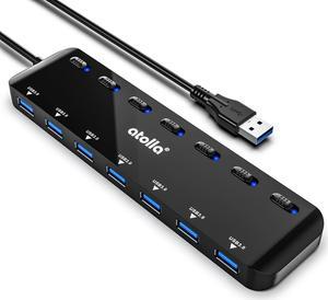 atolla 7-Port USB 3.0 Hub Splitter, USB Extender Ultra Slim Data USB Hub with Individual Power Switch and LEDs