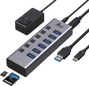 Universal 8-Port Powered USB 3.0/USB C Hub, Aluminum USB Splitter with 6 USB 3.0 Data Ports, SD/TF Card Readers, On/Off Power Switches, AC Adapter, for PC, Laptops, MacBook Pro/Air, Surface Pro, HP