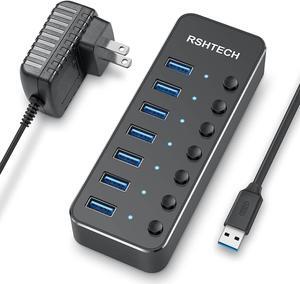 USB 3.0 Hub 7 Port Powered USB Hub Expander Aluminum USB 3.0 Data Port hub with Universal 5V AC Adapter and Individual On/Off Switches USB Splitter for Laptop and PC(Black)