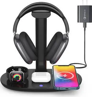 Headphone Stand with 15w Wireless Charger, Suguder 4 in 1 Charging Station Headset Holder for AirPods Max/Pro/4/3/2 iWatch 10/9/8/7/6/5/4/3/2/1/SE iPhone 17/16/15/14/13/12/11/X for Desktop Table Game Headphone Stand with 15w Wireless Charger, Suguder 4 in 1 Charging Station Headset Holder for AirPods Max/Pro/4/3/2 iWatch 10/9/8/7/6/5/4/3/2/1/SE iPhone 17/16/15/14/13/12/11/X for Desktop Table Game