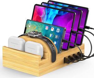 Bamboo Charging Station for Multiple Devices, Alltripal Wood Desktop Docking Station 7-Port Multi-Charger Organizer Fast USB Charger Compatible with iPhone, iPad, AirPods, iWatch, Cell Phone, Tablet