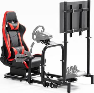 Minneer Racing Simulator Cockpit with Red Seat and TV Stand Fit for Logitech/Thrustmaster/Fanatec G29/G920/T248/T300 Racing Wheel Stand(Wheel Pedal Shift TV Not Included