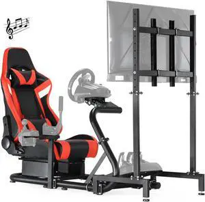Minneer Racing Sim Cockpit TV Monitor Red Gaming Chair with Bluetooth Speakers Adjustable Fit for Logitech/Thrustmaster G29,G920,G923&T300RS,T150,T500R Games Steering Wheel Stand with audio