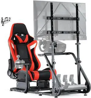 Minneer Racing Simulator Cockpit Red Seat with Bluetooth Speakers Monitor Mount Fits for Logitech/Thrustmaster/PS4 G25 G27 G29 G920 T150,Without Wheel, Pedal, Shift, Monitor