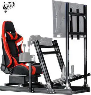 Minneer Aluminum Racing Simulator Cockpit with Bluetooth Speakers Seat Fit for Logitech/Thrustmaster/Fanatec G29 G920 T248 T300, Sim Driving Chair with Monitor Stand, Electronic Device Not Included