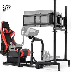 Minneer Immersive Racing Sim Cockpit with Bluetooth Speakers Seat & Triple Monitor Stand Fit for Logitech/Thrustmaster/Fanatec G25 G29 G920 G923 T300RS,Not Display Wheel,Pedals,Handbrake & Shifter