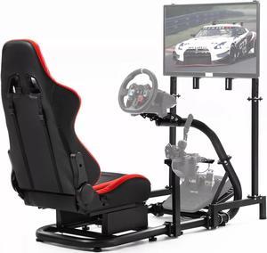 Minneer Racing Simulator Cockpit with Red Seat and TV Stand Fit for Logitech/Thrustmaster/Fanatec G29/G920/T248 Racing Wheel Stand(Wheel, Pedal, Handbrake Not Included)