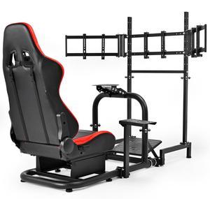 Minneer Racing Simulator Cockpit Vertical Bracket with Triple Monitor Stand and Red Seat Fit for Logitech/Thrustmaster/Fanatec G29 G920 G923 T300RS CSL-DD
