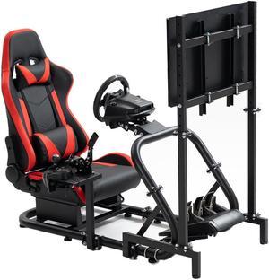 Minneer Adjustable Racing Cockpit with TV Stand Red Seat Fit for Logitech,Thrustmaster,Fanatec,G923,G920,T500,Wheel Shifter Pedals TV NOT Included