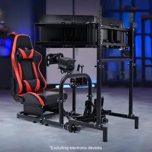 Minneer Racing Simulator Cockpit Vertical Bracket with Triple Monitor Stand and Red Seat Fit for Logitech/Thrustmaster/Fanatec G29 G920 G923 T300RS CSL-DD