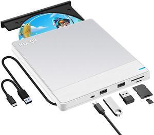 NOLYTH External CD/DVD Drive for Laptop: USB 3.0/USB-C Burner for Windows 11/10 & Mac OS with 2 USB/SD/TF Slot - Portable Slim Plug & Play DVD±RW for PC Apple MacBook Pro/Air(Silver-White)