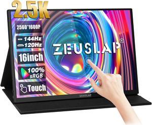 ZEUSLAP P16KT 16 Inch Touchscreen Portable Monitor, 2.5K 144Hz 100%sRGB IPS Screen Computer Monitor with HDMI-compatible + Type-C + 3.5 mm Audio Ports for Laptop, Switch, Xbox, PS4/5, Smartphone etc