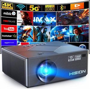 Movie Projector, HISION 5G WiFi Bluetooth Projector Native 1080P Projector 4K Support Oudoor Mini Projector for iPhone Home LED TV Projector Compatible with TV Stick Laptop Tablet PC HDMI USB TF DVD
