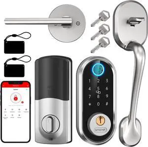 Smart Front Door Lock Set - SMONET Fingerprint Lock Keypad Front Door Lock with Handle Keyless Entry Door Lock Electronic Touchscreen Keypad Biometric Digital Bluetooth Deadbolt Work with Alexa Silver