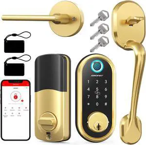 Fingerprint Front Door Lock Set - SMONET Smart Locks Keypad Front Door Lock with Handle Keyless Entry Door Lock Electronic Touchscreen Keypad Biometric Digital Bluetooth Deadbolt Works with Alexa Gold