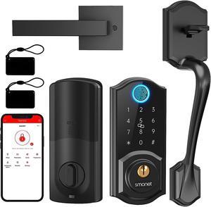 Smart Locks for Front Door, SMONET Keyless Entry Door Lock with Handle, Front Door Lock Set Fingerprint Deadbolt Bluetooth Electronic Digital Keypad, Auto Lock Work with Alexa, Easy to Install, Black