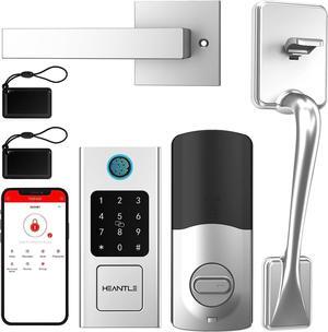 Keyless Entry Door Lock with Handle, HEANTLE Smart Front Door Lock Set, Electronic Keypad Smart Fingerprint Deadbolt Lock, Alexa Smart Door Lock, Digital Lock Bluetooth APP/Fobs Auto Lock Silver