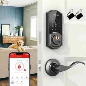 Keyless Entry Door Lock with Handle Set,Smart Bluetooth Locks for Front Door,Auto Lock,Digital Wireless Deadbolt with App,Key Fobs,Code,Keys for Apartment,Home,Office,Airbnb,Black