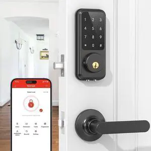 Smart Front Door Lock Set - Smart Lock Keyless Entry Door Lock with Touchscreen Keypads Bluetooth Electronic Deadbolt Lock with Lever Handles with App,Keys,Key Fobs for Apartment Office,Airbnb,House