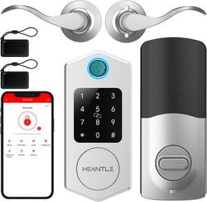 HEANTLE Smart Front Door Lock Set, 8-in-1 Fingerprint Keyless Entry Door Lock with App Control, Electronic Touchscreen Keypad Deadbolt with 2 Lever Handles, Auto Lock,Easy Installation, Silver