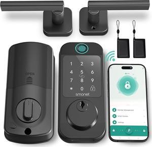 Keyless Door Lock with Handle Set - SMONET WiFi Fingerprint Smart Locks for Front Door, App Remote Control, Digital Bluetooth Keypad Deadbolt Lock Set with Alexa, Auto Lock, Code, Fobs for Home Black