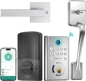 WiFi Smart Door Lock Set HEANTLE Keyless Entry Door Lock with Handle Fingerprint Deadbolt Electronic Digital Keypad Door Lock Alexa Lock Auto Lock App Remote Control Silver