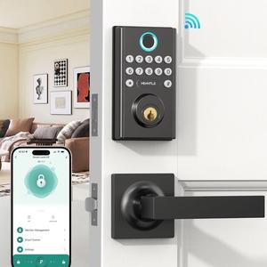 WiFi Front Door Lock Set - HEANTLE Fingerprint Keyless Entry Door Lock with Deadbolt Lever Handleset Keypad Smart Locks Deadbolt Lockset APP Remote WiFi Control Alexa Voice Bluetooth Auto Lock BLACK