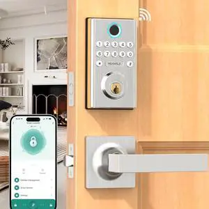 WiFi Keyless Entry Door Lock - HEANTLE Smart Lock Handle Set with Keypad Front Door Smart Locks Electronic Deadbolt Digital Fingerprint Lock Bluetooth Alexa Auto Lock App WiFi Remote Control SILVER