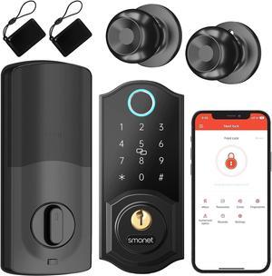 Fingerprint Keyless Entry Door Lock with Handle Set - SMONET Front Door Deadbolt Set with Knobs, Smart Digital Bluetooth Keypad Lockset with Auto Lock, APP, Fobs, Code for Rental, Home, Airbnb, Black