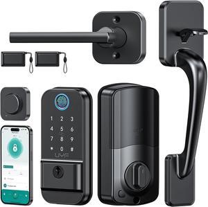 Keyless Entry Door Lock Deadbolt with Handle Set - Fingerprint WiFi Smart Deadbolt, Digital Remote Control Keypad Bluetooth Alexa Lockset with Auto Lock Code Key Fob App Black