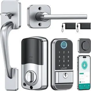 Keyless Entry Door Lock Deadbolt with Handle Set - Fingerprint WiFi Smart Deadbolt, Digital Remote Control Keypad Bluetooth Alexa Lockset with Auto Lock Code Key Fob App Silver