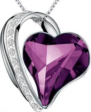 Necklace for Women with Birthstone Crystals, Love Heart Pendant and Silver Plated Chain,Perfect Anniversary, Birthday,or Valentines Day Jewelry Gifts for Women,Wife, Mom,or Girlfriend Purple