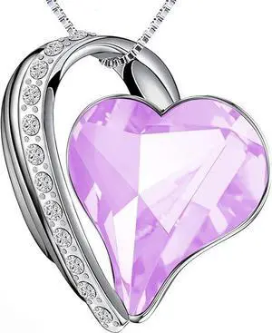 Necklace for Women with Birthstone Crystals, Love Heart Pendant and Silver Plated Chain,Perfect Anniversary, Birthday,or Valentines Day Jewelry Gifts for Women,Wife, Mom,or Girlfriend Light Purple