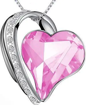 Necklace for Women with Birthstone Crystals, Love Heart Pendant and Silver Plated Chain,Perfect Anniversary, Birthday,or Valentines Day Jewelry Gifts for Women,Wife, Mom,or Girlfriend Pink