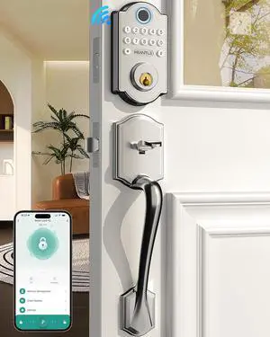 HEANTLE Keyless Fingerprint Door Lock Set: WiFi Front Door Lock with Handles - Alexa Smart Electronic Digital Keypad Deadbolt Sets App Remote Control Auto Satin Nickel
