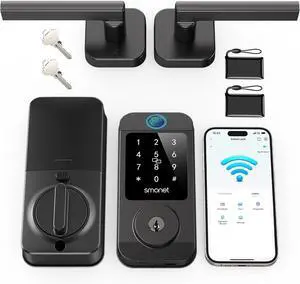 SMONET Keyless Door Lock with Handle Set - WiFi Fingerprint Smart Locks for Front Door, App Remote Control, Digital Bluetooth Keypad Deadbolt Set with Alexa, Auto Lock, Code, Fobs for Home Black SMONET Keyless Door Lock with Handle Set - WiFi Fingerprint Smart Locks for Front Door, App Remote Control, Digital Bluetooth Keypad Deadbolt Set with Alexa, Auto Lock, Code, Fobs for Home Black