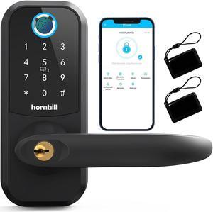 Fingerprint Smart Lock Door Handle, Hornbill 6-in-1 Keyless Entry Keypad Digital Door Lock, Smart Locks for Front Door, Smart Lock Deadbolt with Lever, Reversible Handle Passcodes Free App IC Cards