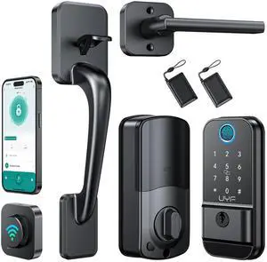 WiFi Front Door Lock Set: Keyless Entry Door Lock Deadbolt with Handle Set, Smart 360° Biometric Fingerprint Touchscreen Locks, Includes Gateway, Alexa Bluetooth App Control, Aluminum Alloy,Black