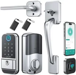 Smart Door Lock Keyless Entry Set, WiFi Fingerprint Deadbolt with Handle and Gateway, 12-in-1 Electronic Biometric Keypad, Alexa Compatible, IP65 Waterproof, Silver, 1 Pack