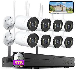 2MP WiFi Security Camera System, 8-Channel NVR with 3TB Hard Drive, 8 Outdoor Indoor Cameras, Night Vision, IP66 Waterproof, No Monthly Fee 2MP WiFi Security Camera System, 8-Channel NVR with 3TB Hard Drive, 8 Outdoor Indoor Cameras, Night Vision, IP66 Waterproof, No Monthly Fee