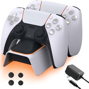 NexiGo PS5 Controller Charger with Thumb Grip Kit, Fast Charging AC Adapter, Dualsense Charging Station Dock for Dual Playstation 5 Controllers with LED Indicator, White