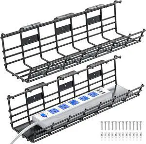 Under Desk Cable Management Tray, Delamu Cable Management Under Desk, 2 Pack Cord Hider Desk Wire Management Cord Organizer, Metal Cord Management Rack, 34in Cable Tray Basket, L17x W4.1x H4.7in