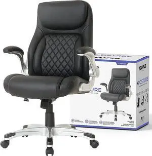 Ergonomic PU Leather Office Chair. Click5 Lumbar Support with FlipAdjust Armrests. Modern Executive Chair and Computer Desk Chair (Black)