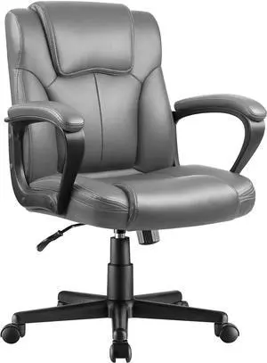 Pawnova Executive Office Chair Mid Back Swivel Computer Task, Ergonomic Leather-Padded Desk Seats with Lumbar Support,Armrests, Grey
