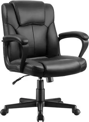 Pawnova Executive Office Chair Mid Back Swivel Computer Task, Ergonomic Leather-Padded Desk Seats with Lumbar Support,Armrests, Black