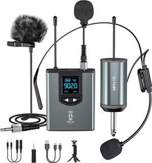 Wireless Microphone System Headset Mic/Stand Mic/Lavalier Lapel Mic with Rechargeable Bodypack Transmitter & Receiver 1/4" Output for iPhone, PA Speaker, DSLR Camera, Recording, Teaching, Church, Vlog